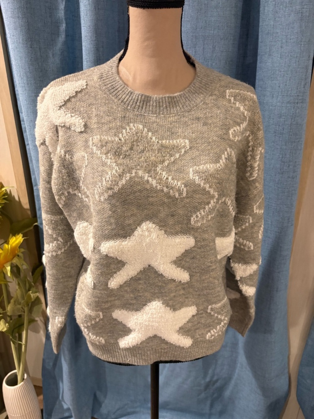 Cozy Grey Star Crewneck Sweater